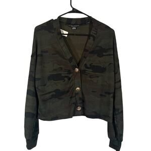 Sanctuary Green Camo Cropped Long Sleeve Button Front Knit Sweater Women Sz XS